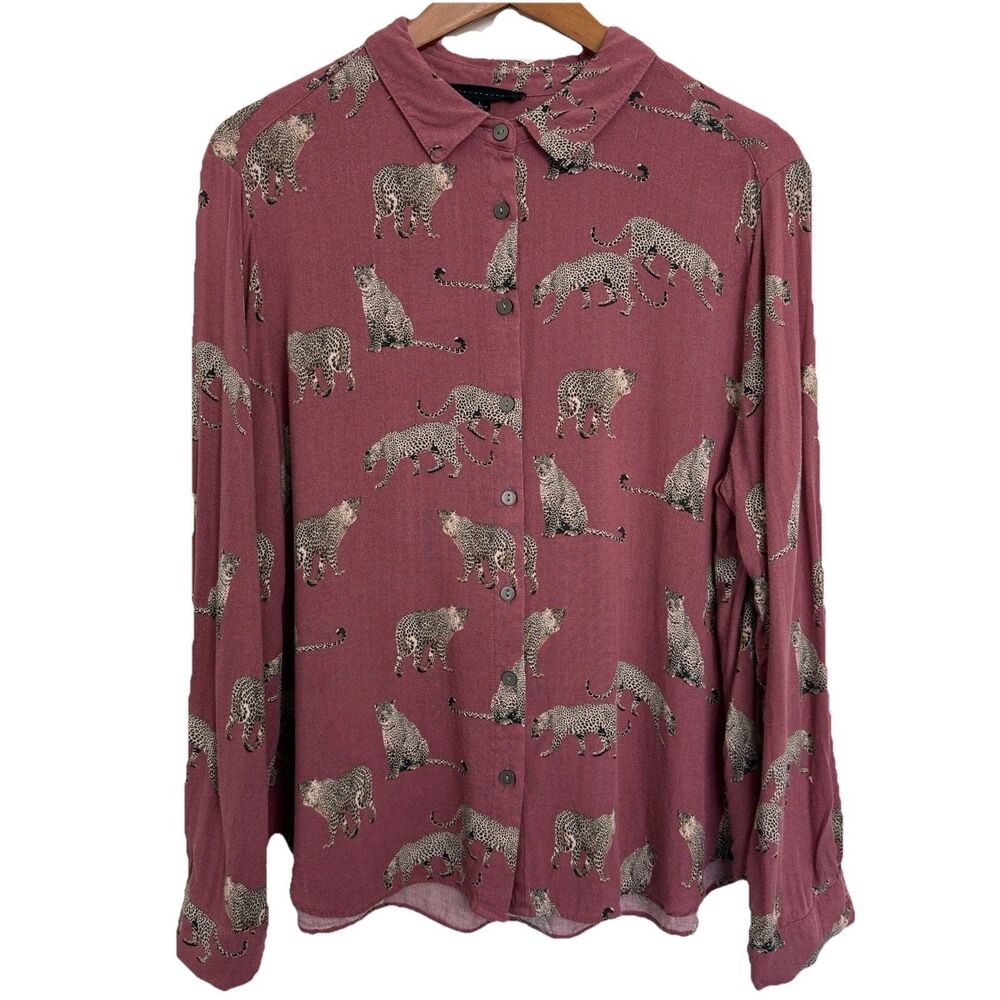 Jane + Delancey Leopard Print Button Front Blouse Size Large Mauve Rayon